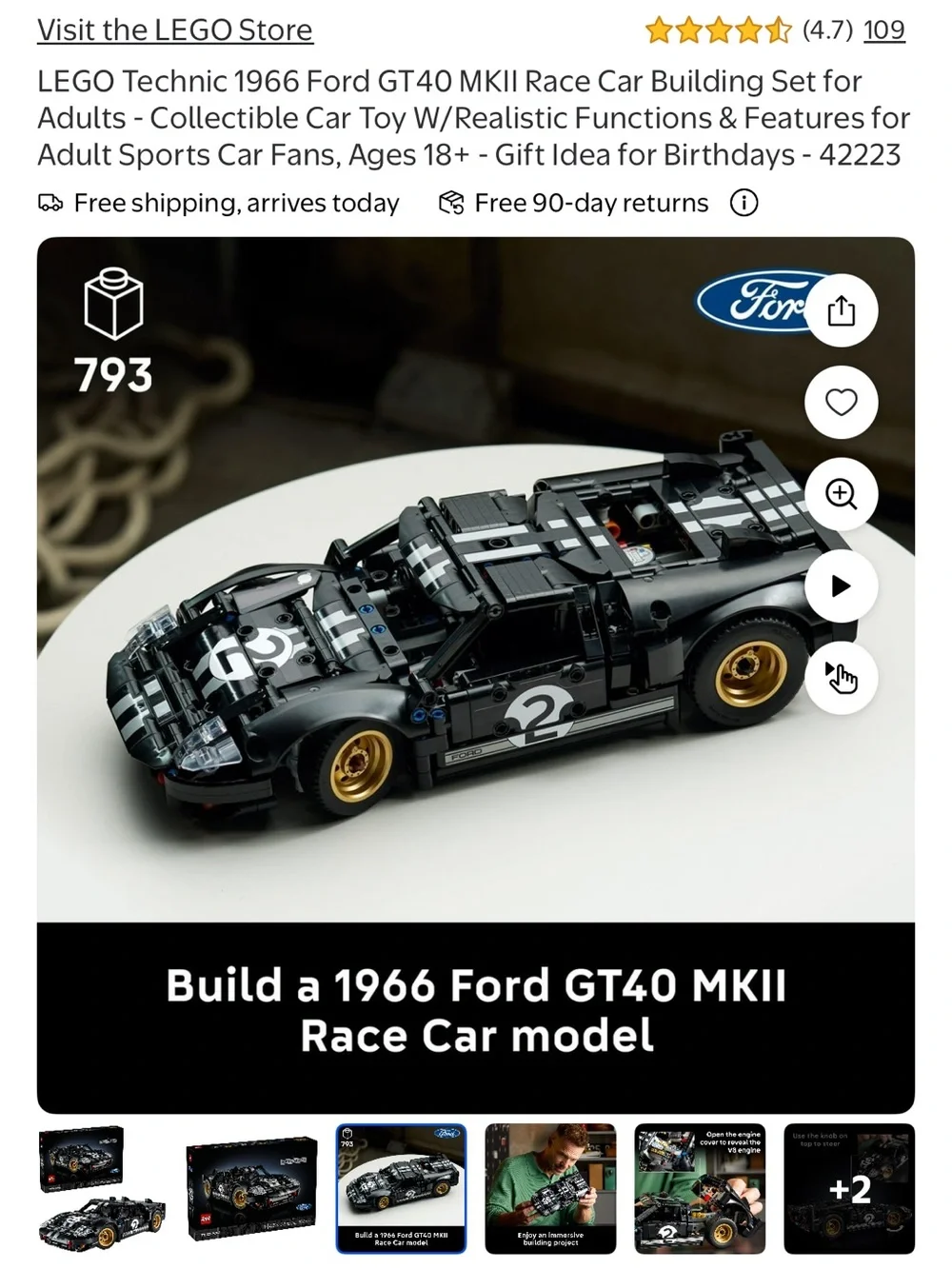 Lego Technic 1966 Black Ford GT40 MK II Race Car Model with Gold Wheels